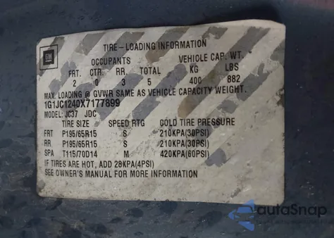 1999 Chevrolet Cavalier z USA, uszkodzony, nr VIN 1G1JC1240X7177899